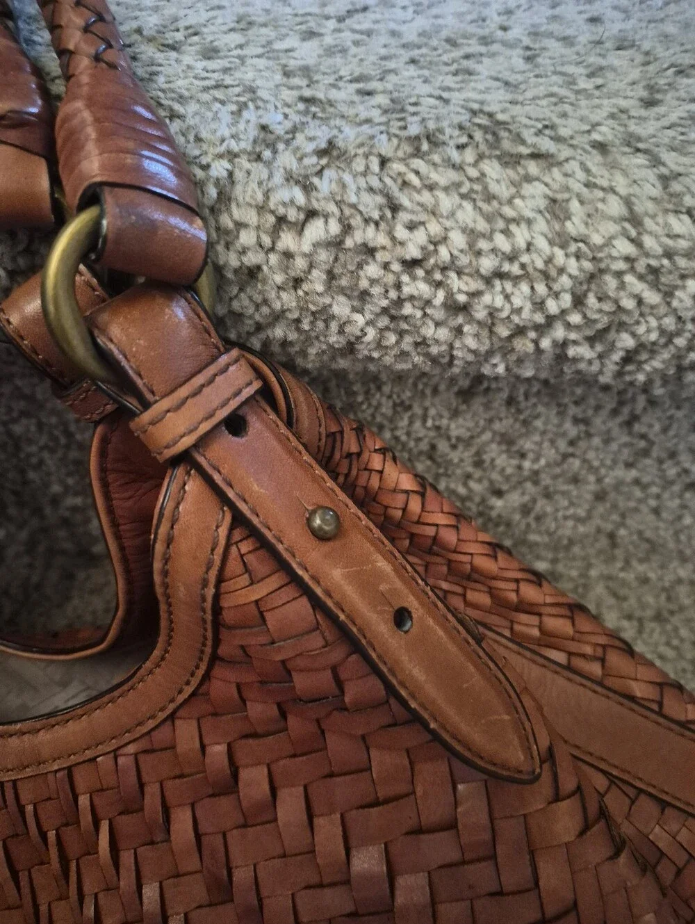 Cole Haan Genevieve Woven Leather Triangle Tote Hobo Bag Brown
